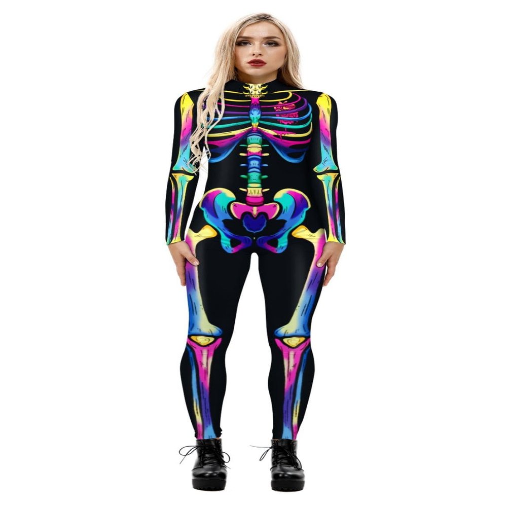 URVIP Women Halloween Cosplay Costumes 3D Skeleton Jumpsuit Bodysuit Stretch Skinny Bodycon Catsuit Outfit Colour-33 S