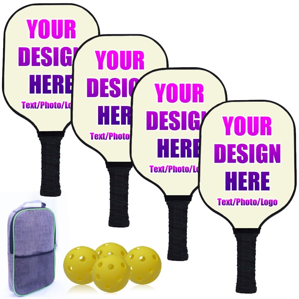 iPrint Custom Pickleballs Paddles Set Personalized Pickleballs Paddles with Comfort Grip, Customized with Photo Text Logo, Set of 4 Paddles with 4 Balls and 1 Portable Carry Bag, Beige
