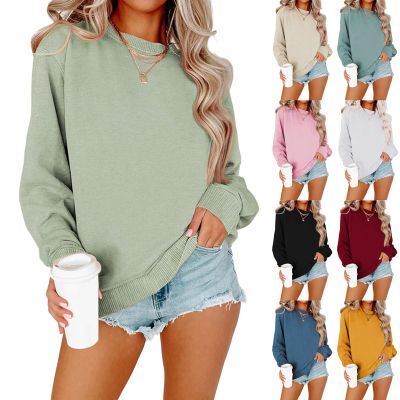 Jielayou Womens Casual Crewneck Sweatshirts Fall Long Sleeve Pullover Tops Drop Shoulder Oversized Sweatshirt Solid Color Ribbed Cuffs Hem Loose Fit Cute Tunic Tops Fall 2023 Trendy Clothes