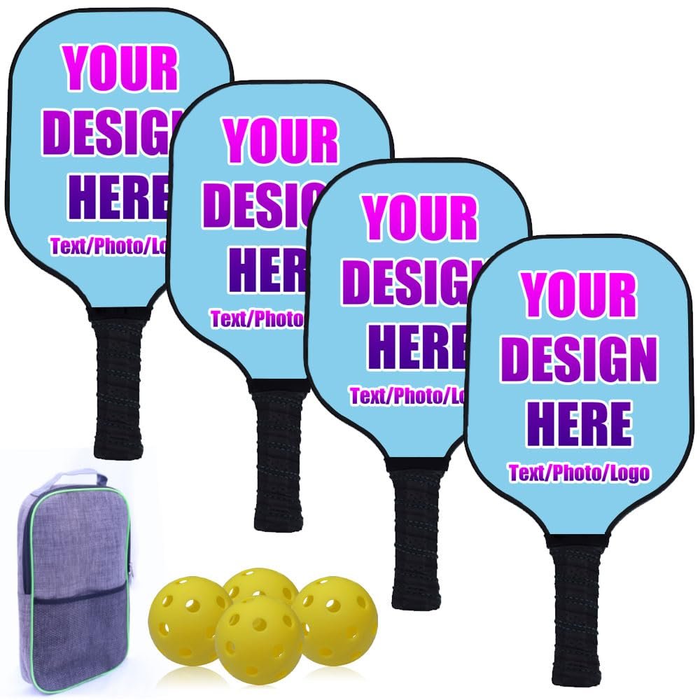 iPrint Customized Pickleballs Paddles Set, Personalized with Photo Text Logo Pickle Ball Paddles Set of 4 with 4 Pickleballs Balls and 1 Bag, Pickleballs Rackets Gifts for Women Men, Sky Blue