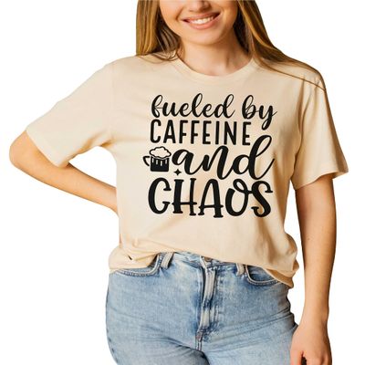 Fueled by Caffeine and Chaos Shirt Coffee Mom Sarcastic Mama Coffee Lover Addict T-Shirt #00083-107