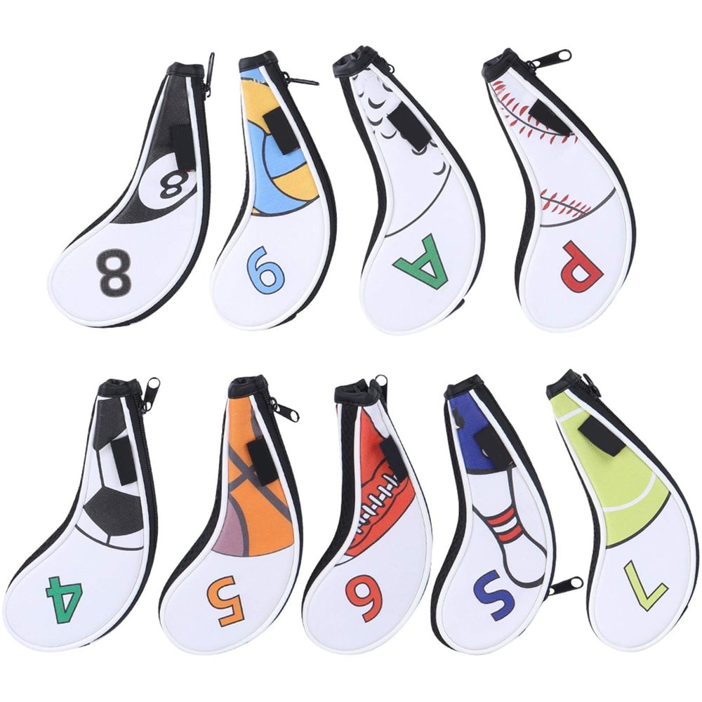 9Pcs Golfs Iron HeadCovers, PU Leather Waterproof Golfs Club Skull Cover, Sport Pattern Golfs Club HeadCovers Sets, Fits Most Clubs