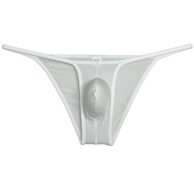 Jaxu Mens Ultra Tiny Bikini Briefs Underwear Male Contour Pouch Cheeky Briefs Open Side Ice Silk Underpants Sheer Bottoms White M