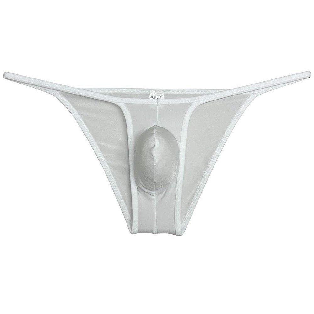 Jaxu Mens Ultra Tiny Bikini Briefs Underwear Male Contour Pouch Cheeky Briefs Open Side Ice Silk Underpants Sheer Bottoms White M