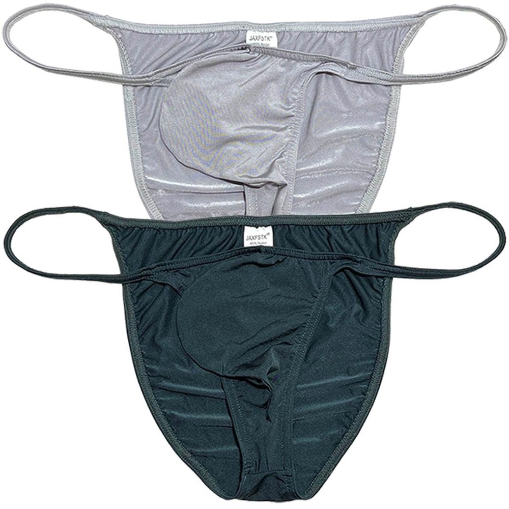 Jaxu Men's Bodybuilding Posing String Bikini Briefs Underwear Male Contour Pouch Cheeky Briefs Silky Soft Thin Underpants 2-Pack(Light Gray,Black Green) XL