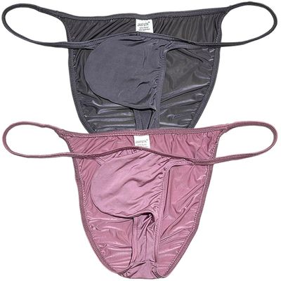 Jaxu Men's Bodybuilding Posing String Bikini Briefs Underwear Male Contour Pouch Cheeky Briefs Silky Soft Thin Underpants 2-Pack(Dark Gray,Light Brown) M