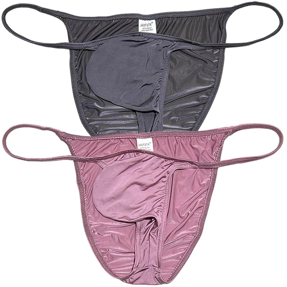 Jaxu Men's Bodybuilding Posing String Bikini Briefs Underwear Male Contour Pouch Cheeky Briefs Silky Soft Thin Underpants 2-Pack(Dark Gray,Light Brown) M