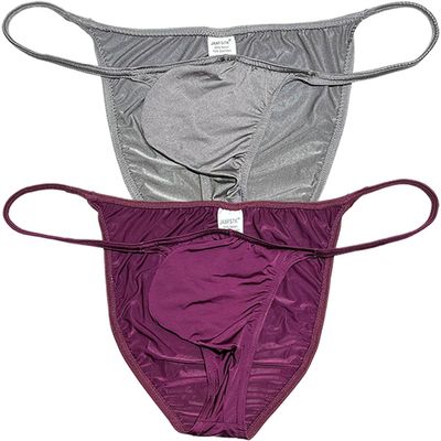 Jaxu Men's Bodybuilding Posing String Bikini Briefs Underwear Male Contour Pouch Cheeky Briefs Silky Soft Thin Underpants 2-Pack(Gray,Wine Red) L