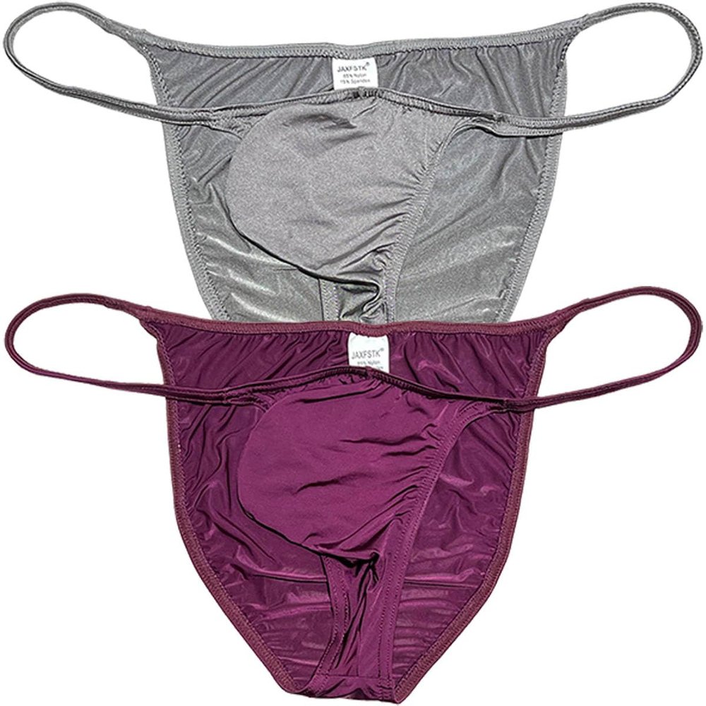 Jaxu Men's Bodybuilding Posing String Bikini Briefs Underwear Male Contour Pouch Cheeky Briefs Silky Soft Thin Underpants 2-Pack(Gray,Wine Red) L
