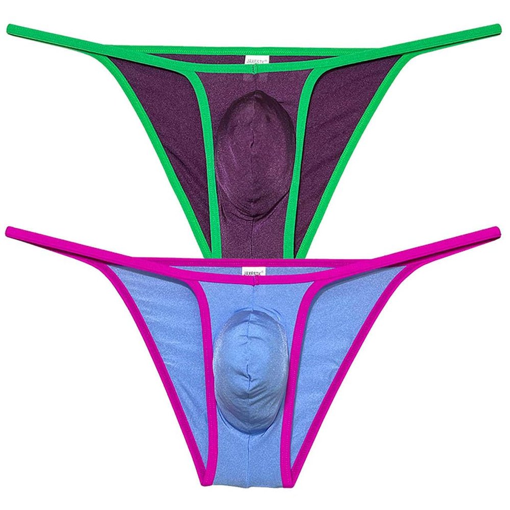 Jaxu Mens Ultra Tiny Bikini Briefs Underwear Male Contour Pouch Cheeky Briefs Open Side Ice Silk Underpants Sheer Bottoms 2-Pack(Purple,Light Blue) XL