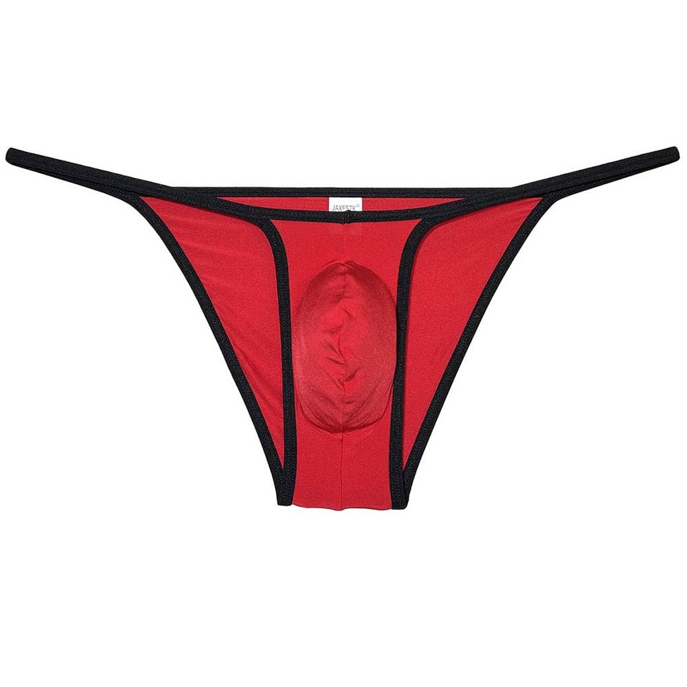 Jaxu Mens Ultra Tiny Bikini Briefs Underwear Male Contour Pouch Cheeky Briefs Open Side Ice Silk Underpants Sheer Bottoms Red XL