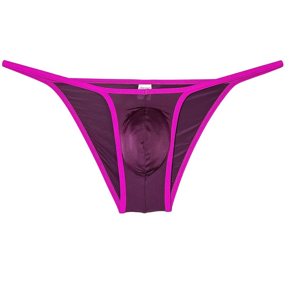Jaxu Mens Ultra Tiny Bikini Briefs Underwear Male Contour Pouch Cheeky Briefs Open Side Ice Silk Underpants Sheer Bottoms Wine Red M