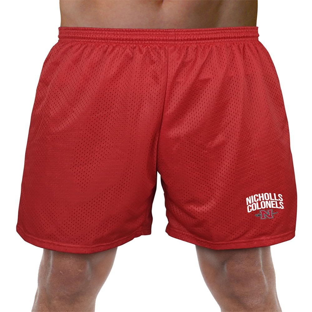Nicholls State University Primary Mark Men's Adult Athletic Gym Shorts 7" Inseam, Red, Small