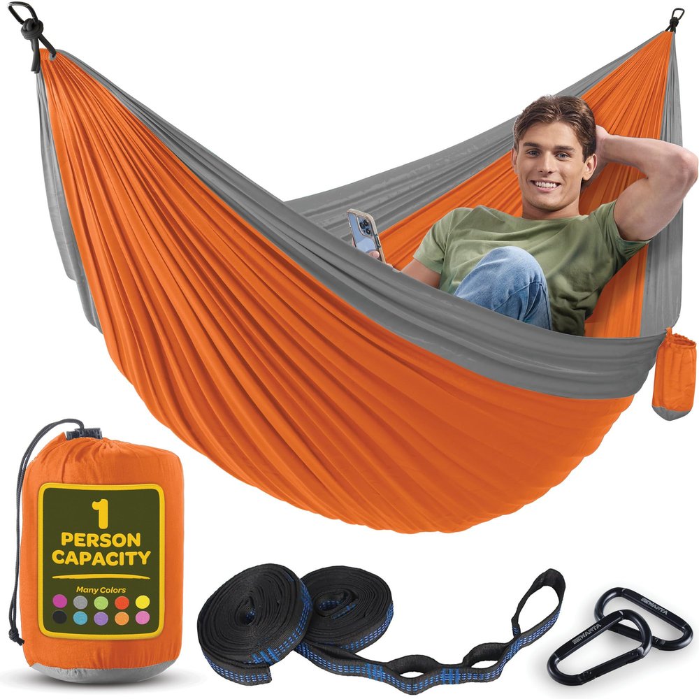 Durable Hammock 400 lb Capacity, Nylon Camping Hammock Chair - Double or Single Sizes w/Tree Straps and Attached Carry Bag - for Travel/Backpacking/Beach/Backyard (Medium, Orange & Light Grey)
