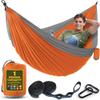 Durable Hammock 400 lb Capacity, Nylon Camping Hammock Chair - Double or Single Sizes w/Tree Straps and Attached Carry Bag - for Travel/Backpacking/Beach/Backyard (Medium, Orange & Light Grey) view 1