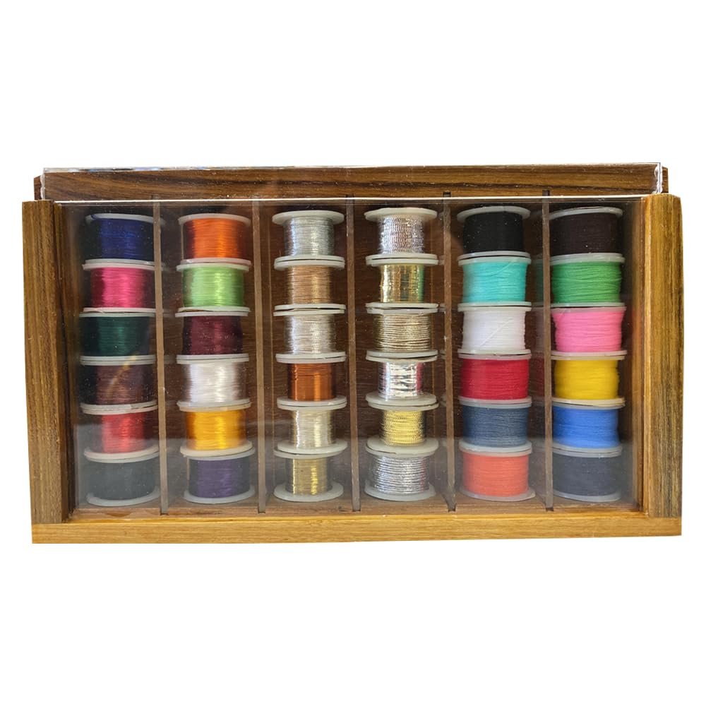 36 Fly Tying Spools of Thread, Floss, Tinsel, Wool, and Wires in a Wooden Box