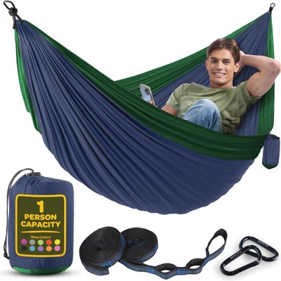 Durable Hammock 400 lb Capacity, Nylon Camping Hammock Chair - Double or Single Sizes w/Tree Straps and Attached Carry Bag - for Travel/Backpacking/Beach/Backyard (Medium, Dark Blue & Forest Green)