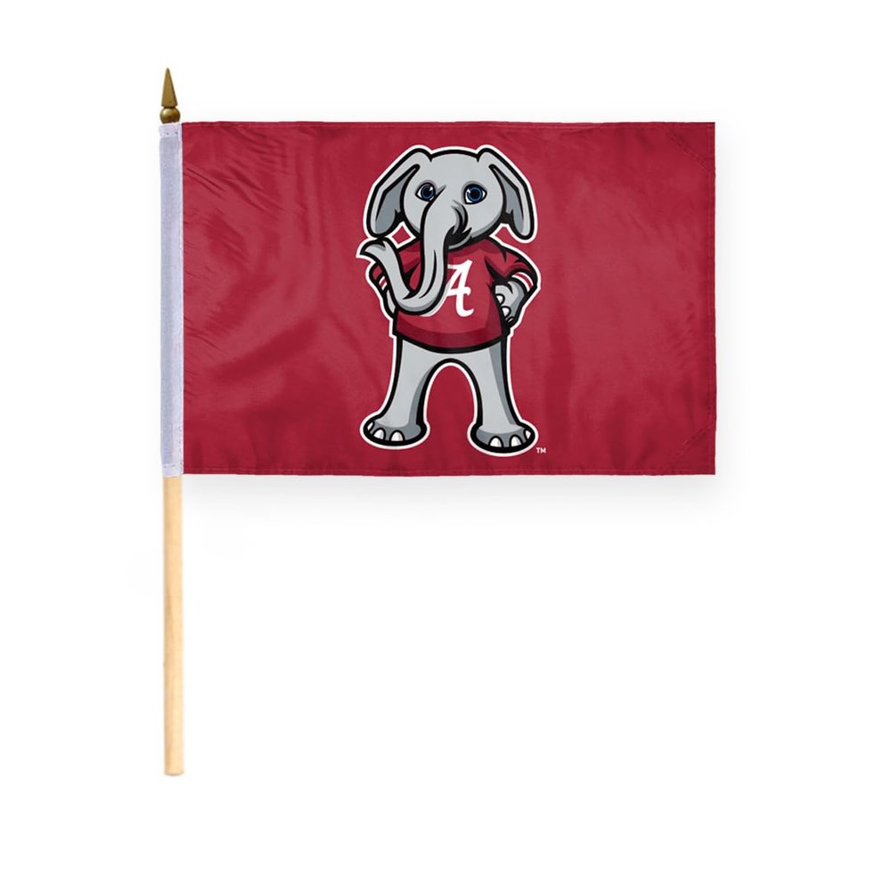 AGAS Small Alabama University Crimson Tide Big AL Mascot Stick Flags - 6x9 inch Single-Layered Printed Wrap Knitted Polyester Fabric - 17" Wood Pole - Small 6"x9" Alabama UA Crimson Tide Stick Flag