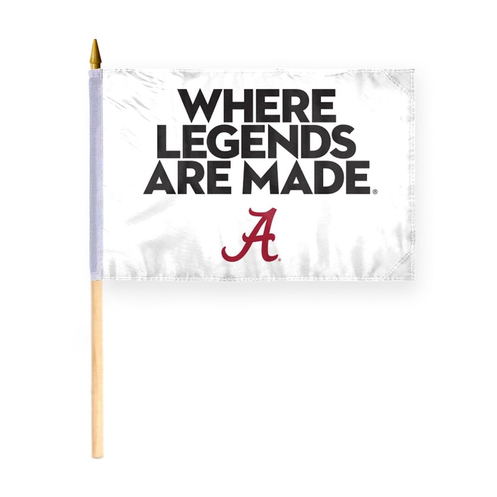 AGAS Alabama UA Crimson Tide Where Legends Are Made Flag - Stick Flag - Handheld - 12in x18 in - Single-Layer Printed Wrap Knitted Polyester - 24" Extra-heavy Natural Wooden Dowel