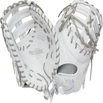 Easton | PROFESSIONAL COLLECTION Fastpitch Softball First Base Mitt | Right Hand Throw | 13" - Single Post Double Bar Web | White/Grey