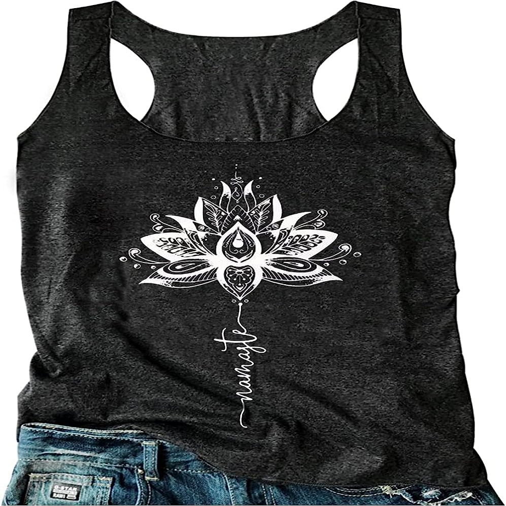 FENOMO Womens Mandala Vintage Graphic Racerback Tank Tops Summer Casual Loose O-Neck Tanks Vest Vacation Classic-Fit Shirt Cami (Mandala Lotus-black,L,Large)