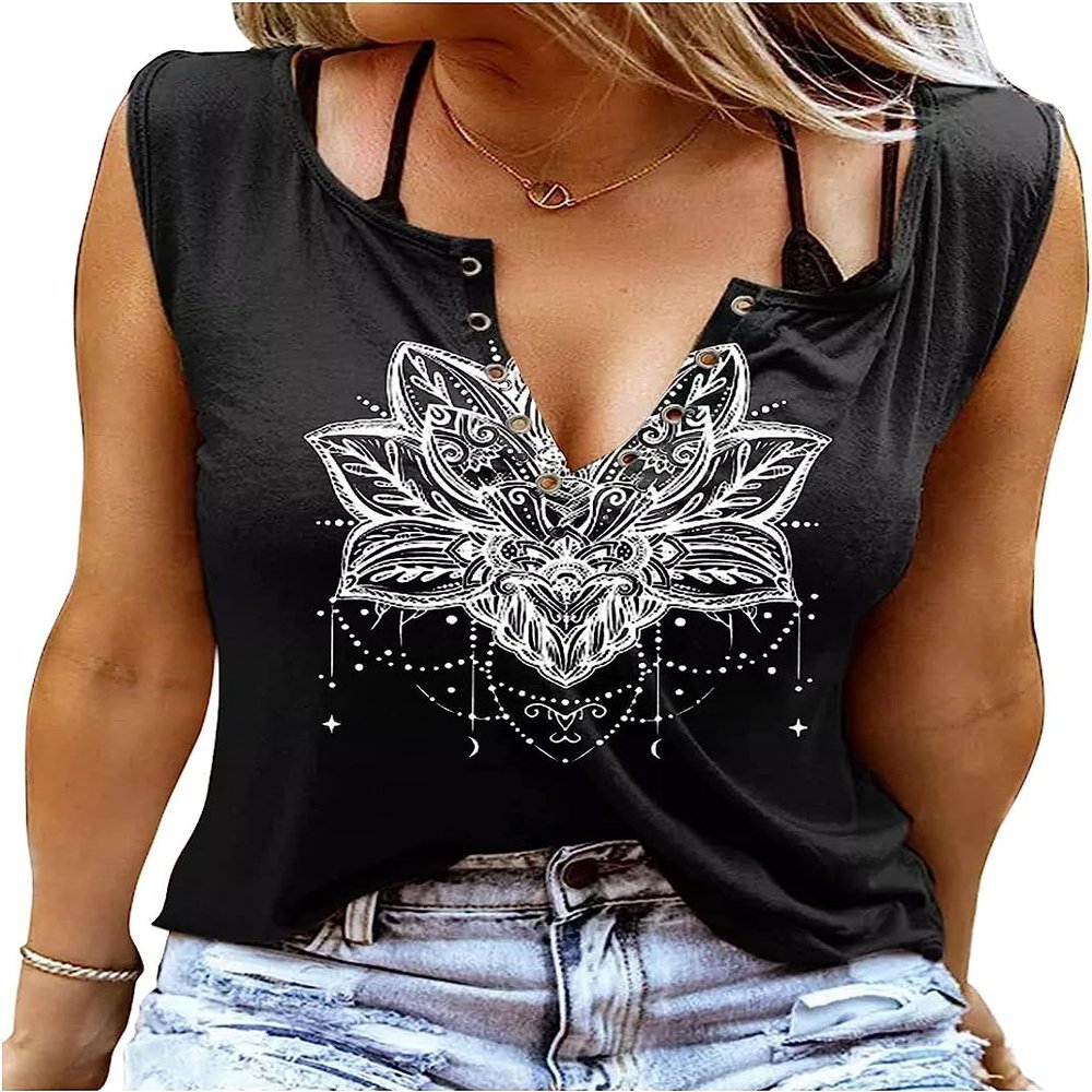 FENOMO Womens Mandala Vintage Graphic Racerback Tank Tops Summer Casual Loose O-Neck Tanks Vest Vacation Classic-Fit Shirt Cami (Mandala Ring Hole Black,XL,X-Large)