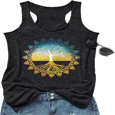 FENOMO Womens Mandala Vintage Graphic Racerback Tank Tops Summer Casual Loose O-Neck Tanks Vest Vacation Classic-Fit Shirt Cami (Tree of Life-grey,3XL,3X-Large)