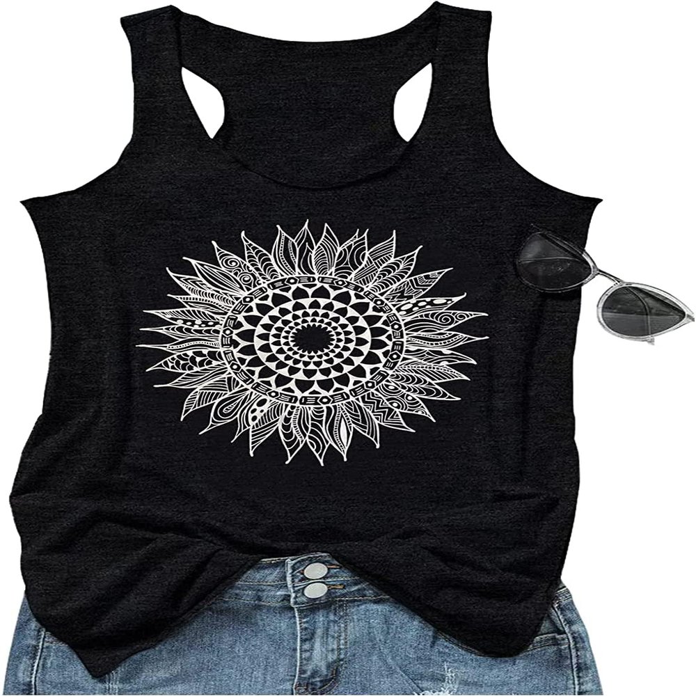 FENOMO Womens Mandala Vintage Graphic Racerback Tank Tops Summer Casual Loose O-Neck Tanks Vest Vacation Classic-Fit Shirt Cami (Mandala Sunflower Black,S,Small)