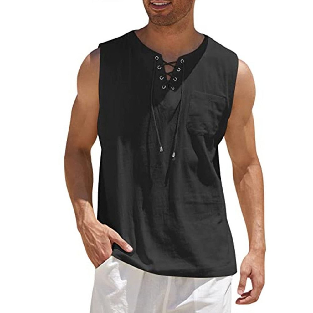 Maiyifu-GJ Men's Casual Sleeveless Lace Up Beach Hippie T-Shirts Summer Athletic V-Neck Basic Shirts Cotton Linen Tank Top (Black,XX-Large)