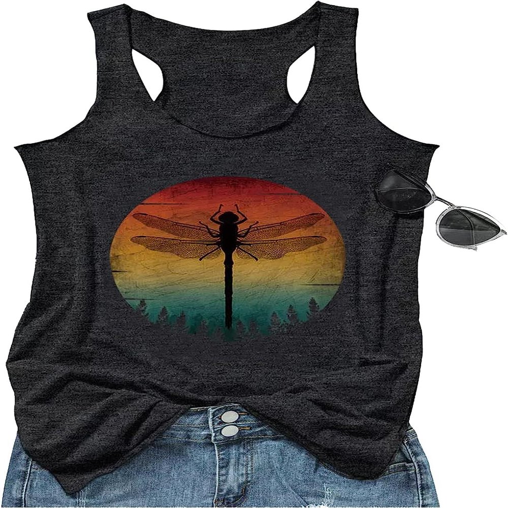 FENOMO Womens Mandala Vintage Graphic Racerback Tank Tops Summer Casual Loose O-Neck Tanks Vest Vacation Classic-Fit Shirt Cami (Dragonfly Sunset,3XL,3X-Large)