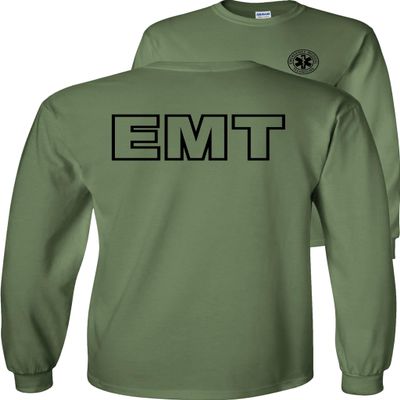 FAIR GAME EMT Long Sleeve Shirt Emergency Medical Technician-Black Design-Military Green-XL