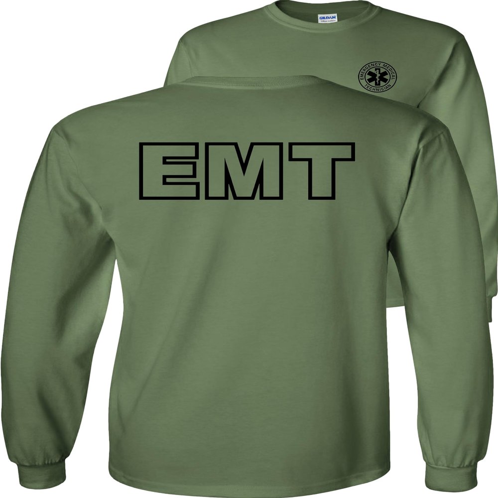 FAIR GAME EMT Long Sleeve Shirt Emergency Medical Technician-Black Design-Military Green-XL
