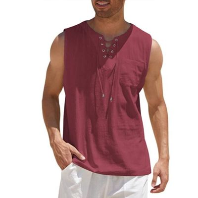 Men's Casual Sleeveless Lace Up Beach Hippie T-Shirts Summer Athletic V-Neck Basic Shirts Cotton Linen Tank Top (Red,5X-Large)