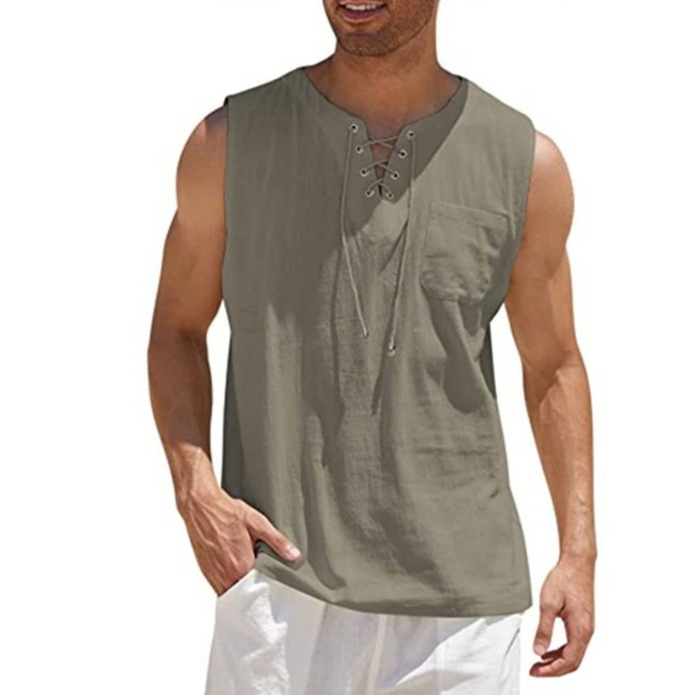 Maiyifu-GJ Men's Casual Sleeveless Lace Up Beach Hippie T-Shirts Summer Athletic V-Neck Basic Shirts Cotton Linen Tank Top (Camel,X-Large)