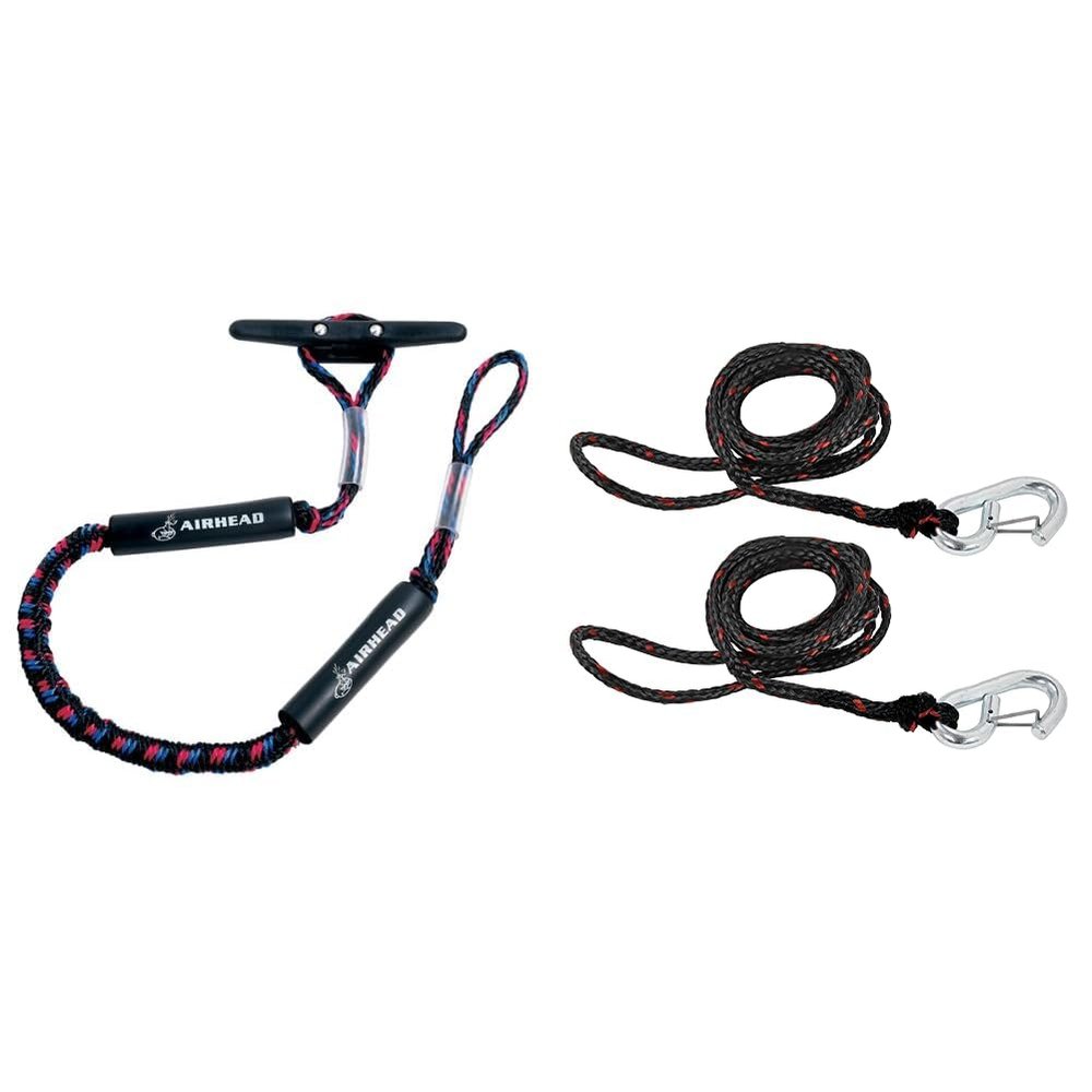 AIRHEAD AHDL-4 Bungee Dockline 4 Feet, Black/Blue/Red & Extreme Max 3006.6634 PWC 7' Dock Line with Zinc-Plated Snap Hook - Value 2-Pack