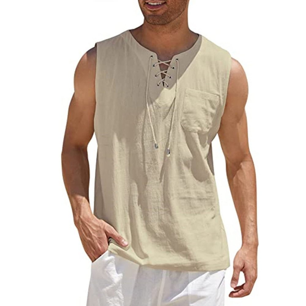 Maiyifu-GJ Men's Casual Sleeveless Lace Up Beach Hippie T-Shirts Summer Athletic V-Neck Basic Shirts Cotton Linen Tank Top (Khaki,XX-Large)