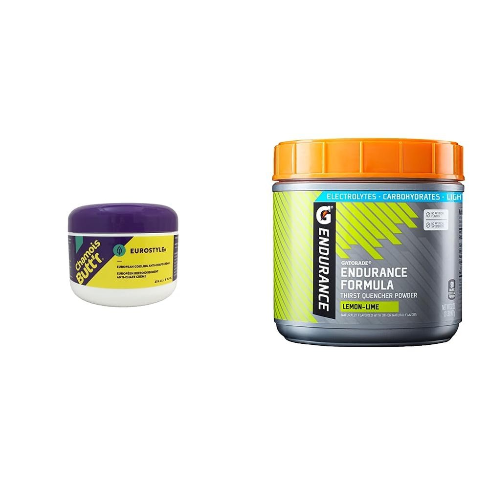 Chamois Butt'r Eurostyle Anti-Chafe Cream for Road, Gravel, Mountain Bike, 8 Ounce jar, Cycling Plastic & Gatorade Endurance Formula Powder, Lemon Lime, 32 Ounce (Pack of 1)