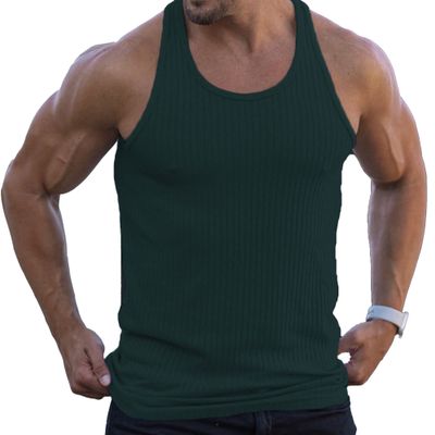 Maiyifu-GJ Men's Summer Crewneck Bodybuilding Vest Knitted Vertical Stripe Workout Tank Top Sleeveless Muscle Training Shirts (Green,3X-Large)