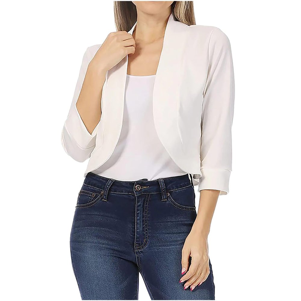 Cropped Blazer for Women Business Casual Suit Jacket Fashionable 3/4 Sleeve Open Front Cardigan OL Work Office Coat White