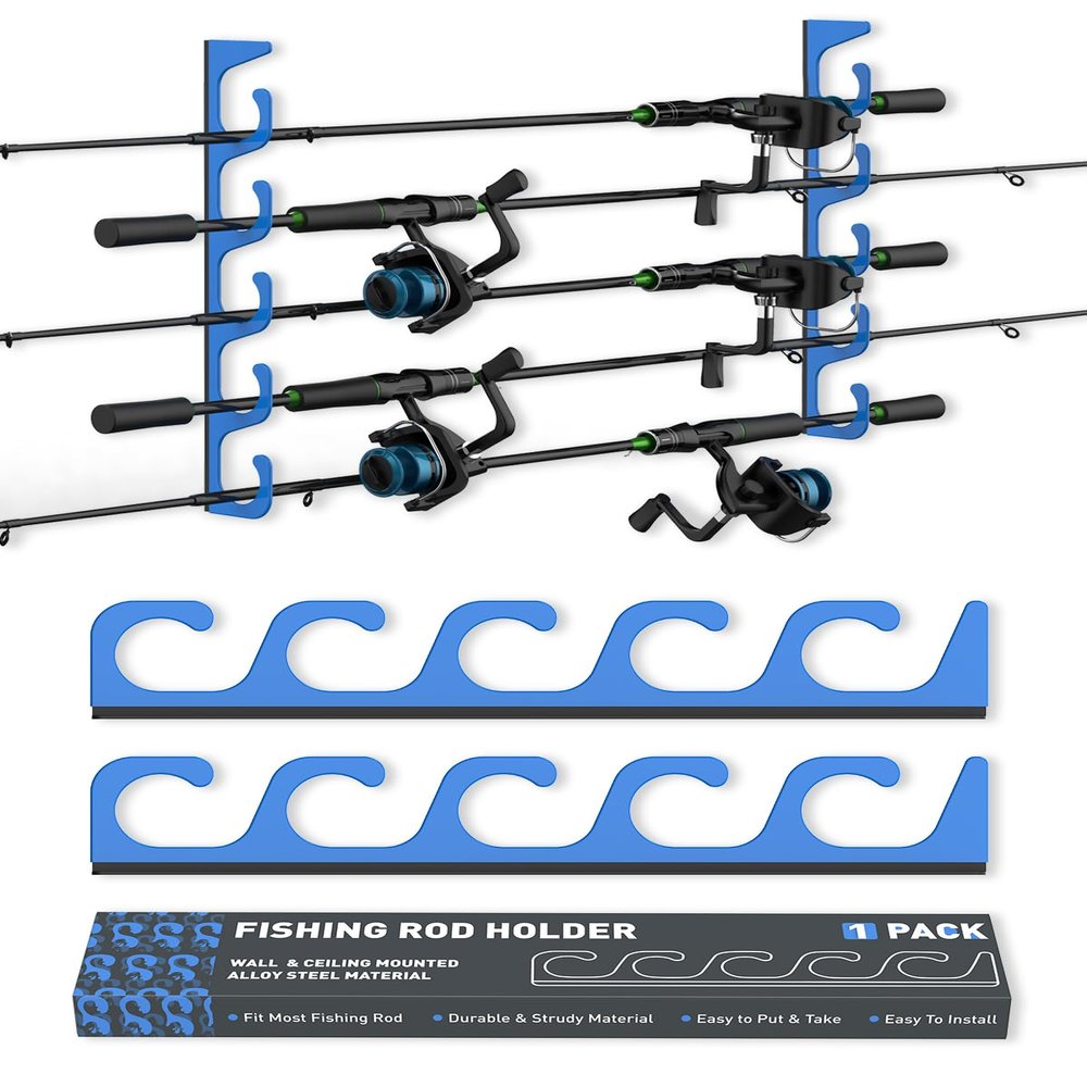 WellMall Fishing Rod Pole Holders - 5 Fishing Rod Pole Holder Storage for Wall & Garage Ceiling Mount, Great Fishing Rod Rack Fits Most Fishing Rods
