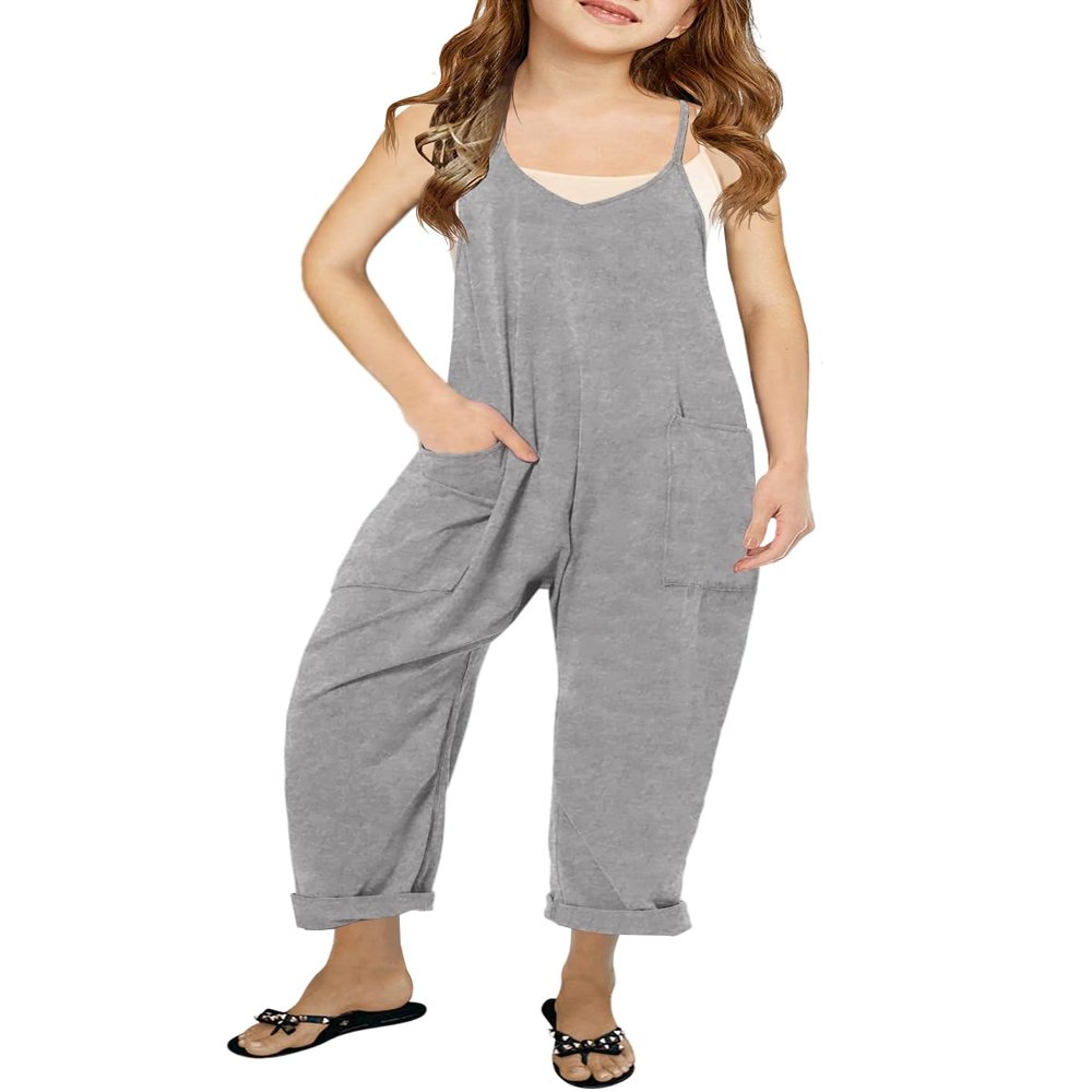 Cnkwei Girls' Casual Sleeveless Jumpsuits Spaghetti Strap Loose Romper Long Pants with Pockets