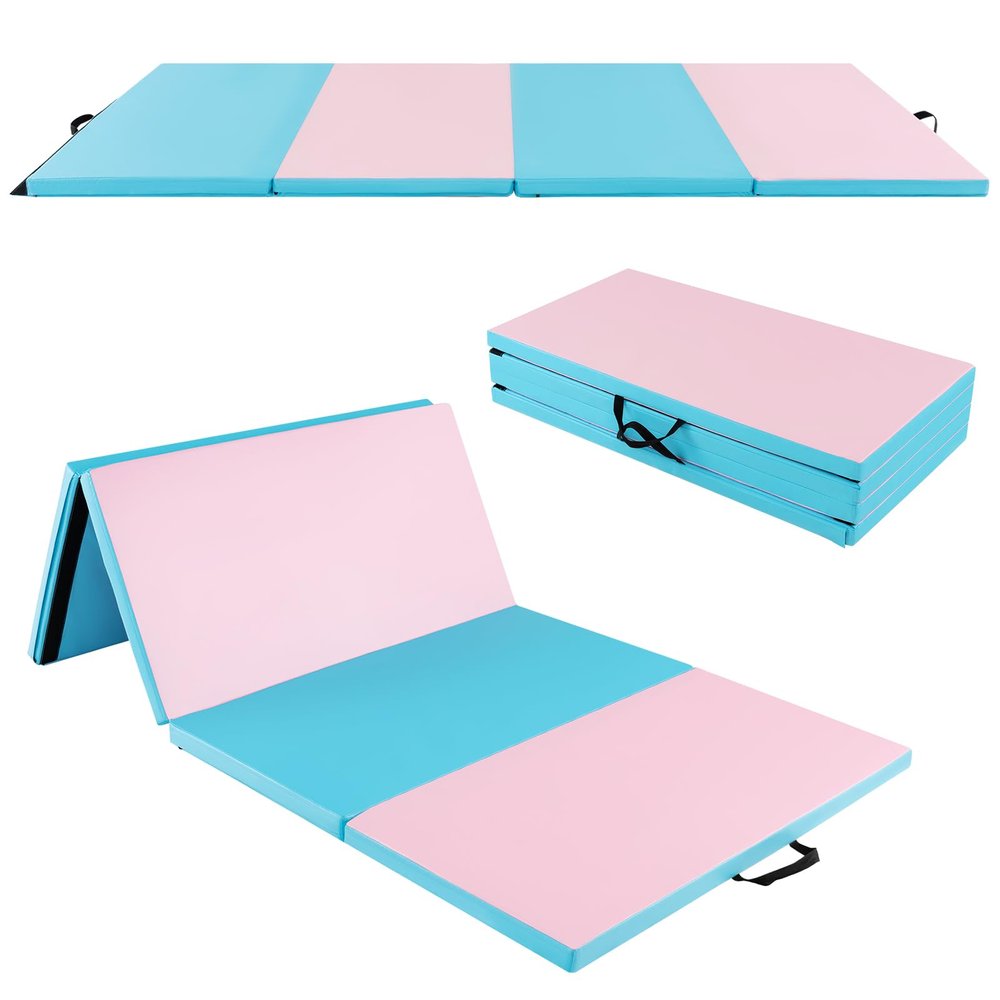 GYMAX Gymnastics Mat, 4 FT x 8 FT x 2 Inches Folding Exercise Mat w/Carry Handles & Sturdy Stitching Waterproof Cover, Tumbling Mat for Yoga Stretching Martial Arts Home Gym