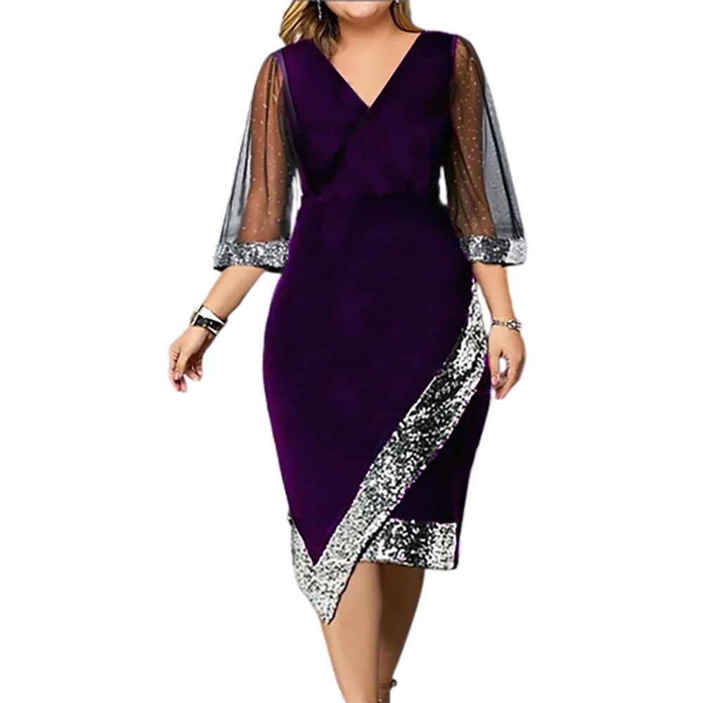 Akivide Women's Elegant V Neck Wrap Velvet Dress Sequin Mesh Half Sleeve Irregular Dress Formal Evening Party Midi Dresses