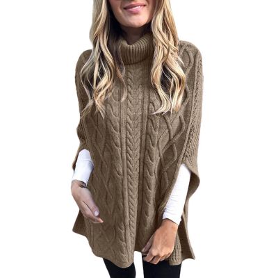 Womens 2023 Fall Winter Turtleneck Pullover Poncho Sweater Long Sleeve Batwing Sleeve Cashmere Feel Shawl Loose Fit Knitted Wraps Dress Drape Baggy Capes Sweaters Pullover Jumper Tops Brown