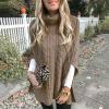 Womens 2023 Fall Winter Turtleneck Pullover Poncho Sweater Long Sleeve Batwing Sleeve Cashmere Feel Shawl Loose Fit Knitted Wraps Dress Drape Baggy Capes Sweaters Pullover Jumper Tops Brown view 3