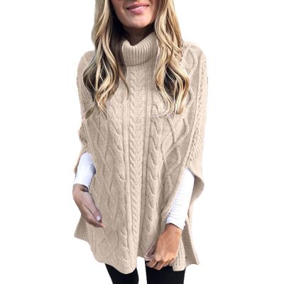 Womens 2023 Fall Winter Turtleneck Pullover Poncho Sweater Long Sleeve Batwing Sleeve Cashmere Feel Shawl Loose Fit Knitted Wraps Dress Drape Baggy Capes Sweaters Pullover Jumper Tops Beige