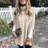 Womens 2023 Fall Winter Turtleneck Pullover Poncho Sweater Long Sleeve Batwing Sleeve Cashmere Feel Shawl Loose Fit Knitted Wraps Dress Drape Baggy Capes Sweaters Pullover Jumper Tops Beige view 2