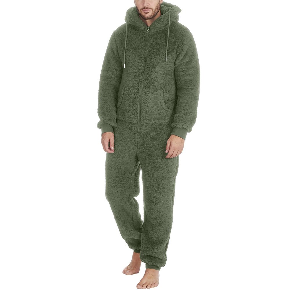 Onesie Mens Hooded Fleece Jumpsuits Zip Up One Piece Pajamas Playsuit Jogger Sweatsuit Overall Sherpa Lind Rompers Soft Cozy Winter Warm Plush Loungewear Army Green