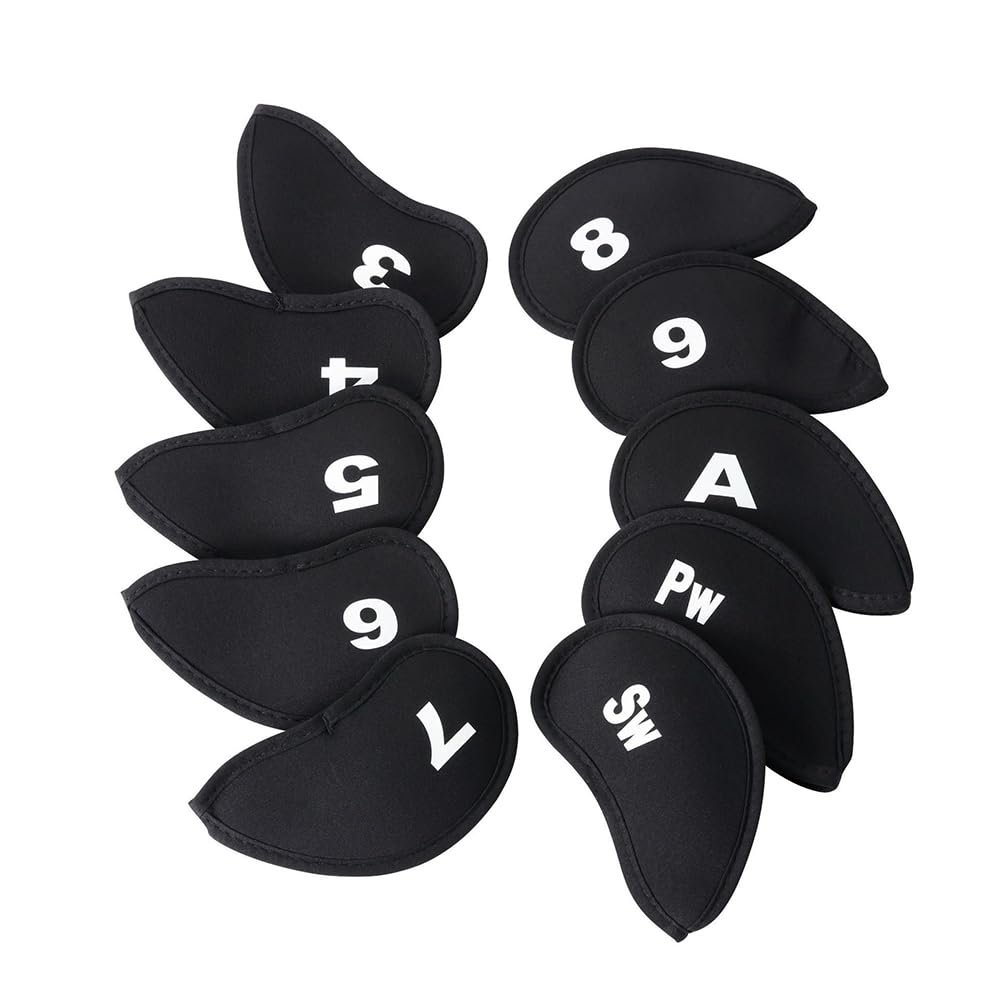 10Pcs Neoprene Black Golf Head Covers for Iron with White Club No. Fit Most Brands