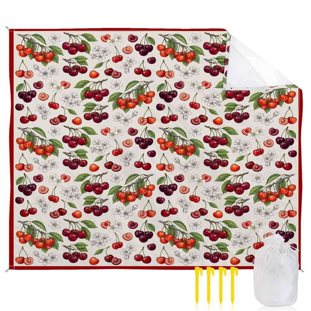 Watercolor Red Cherry Green Leaves Beach Blanket Extra Large 118x108in Outdoor Waterproof Sandproof Picnic Blankets with Stakes Lightweight Beach Mat for Camping Travel Hiking, White Flower on Beige